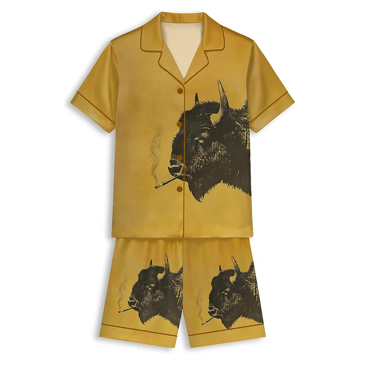 bison cigarettes Tokyover Vintage Bison Smoking A Cigarette Unisex Short Sleeve Satin Pajama  Set
