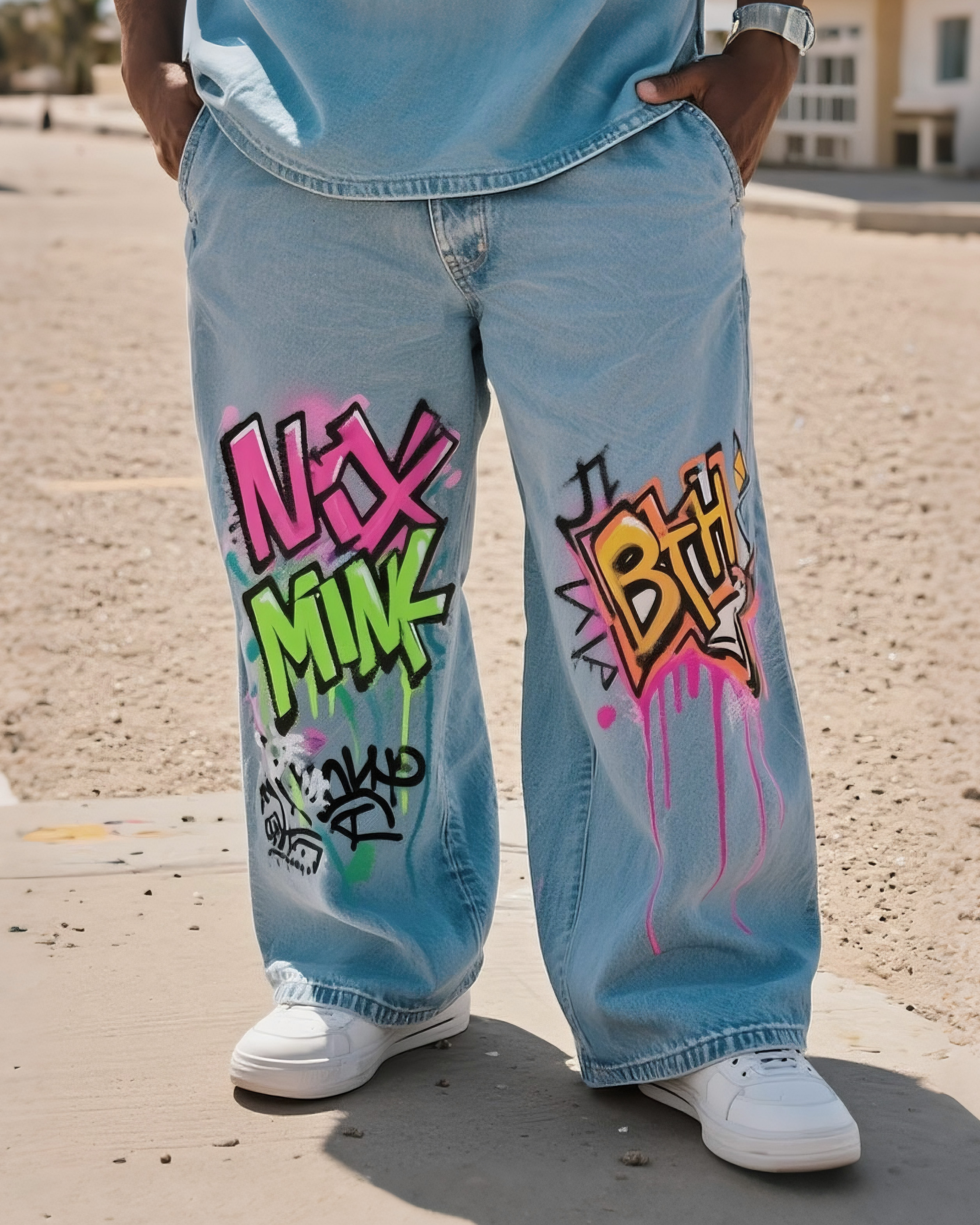 Big & Tall Men's Street Fashion Personalized Graffiti Denim Trousers