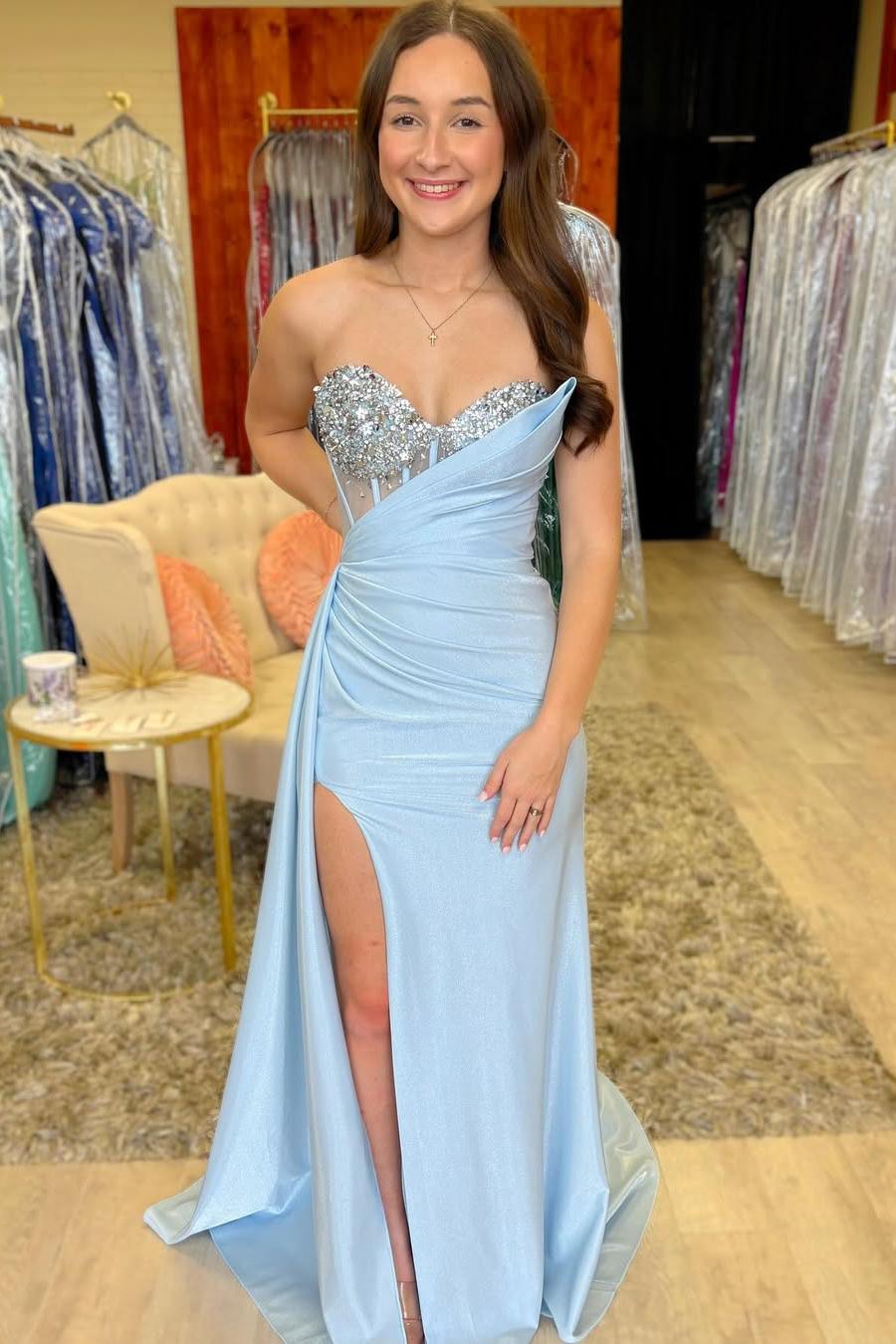 Shinning Sky Blue Sleeveless Satin Sweetheart Strapless Long Split Prom Dress with Beadings | MS0705 
