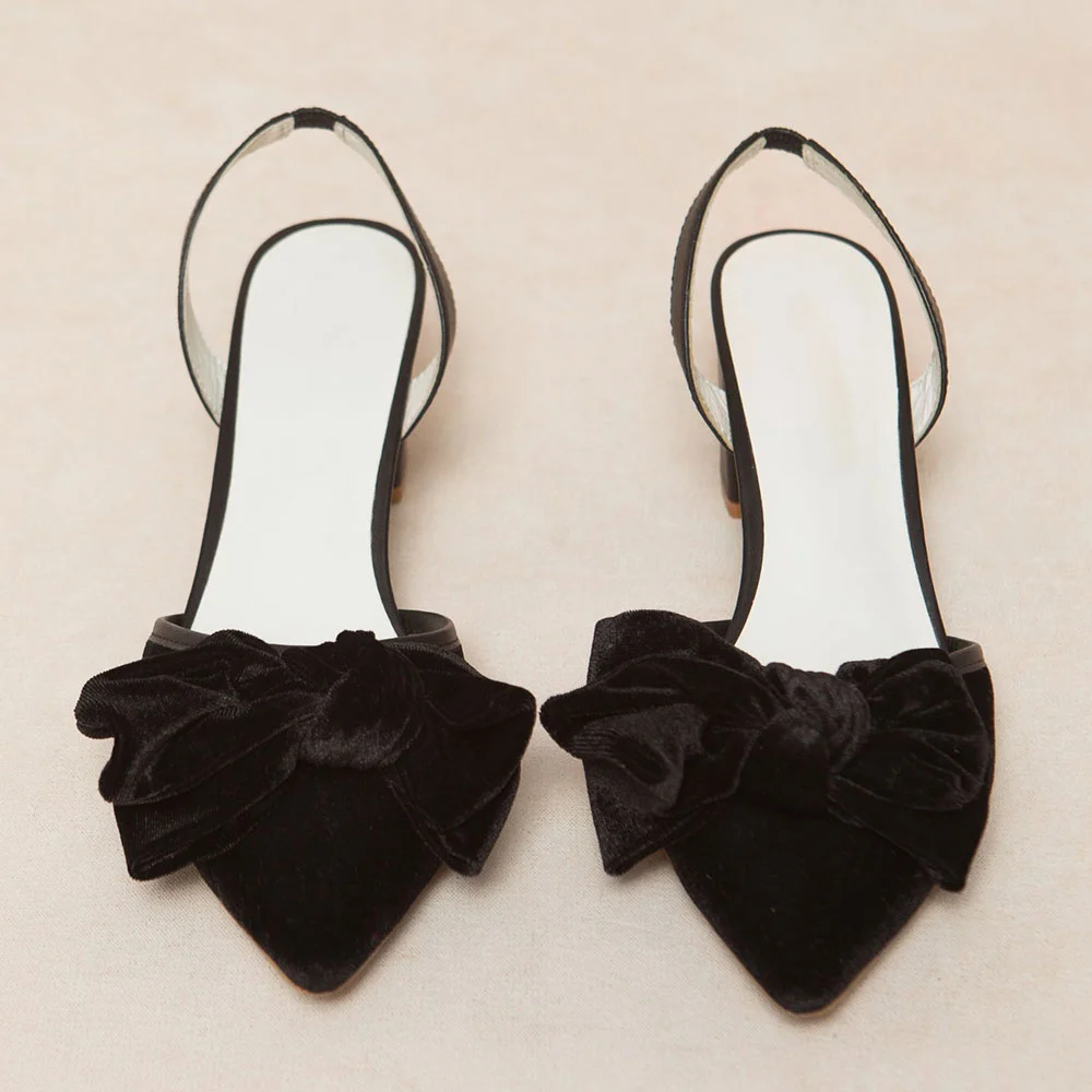 Black Velvet Pointed Toe Bow Decor Block Heel Slingback Pumps