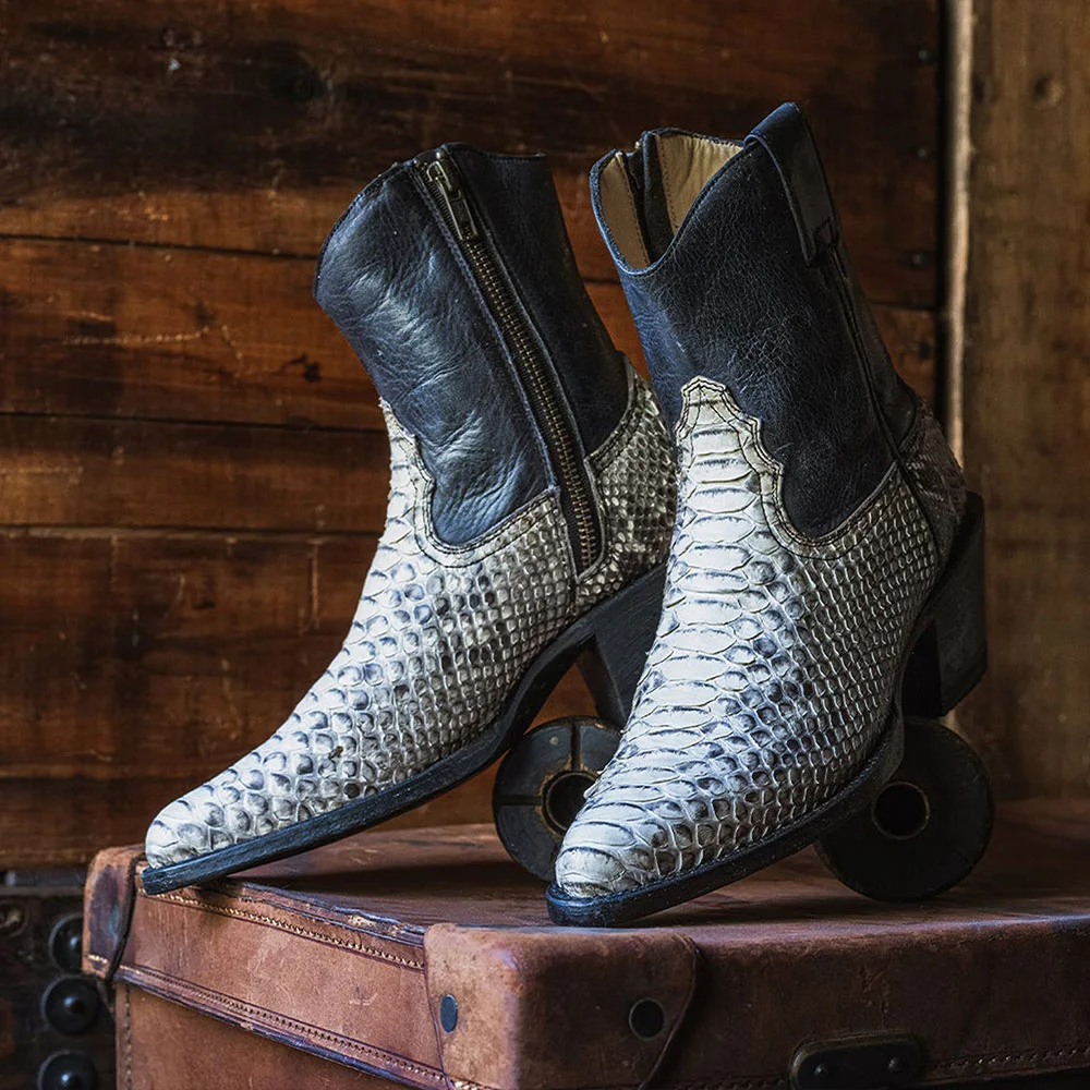 Python-Embossed Patchwork Almond Toe Chunky Heel Short Cowgirl Boots