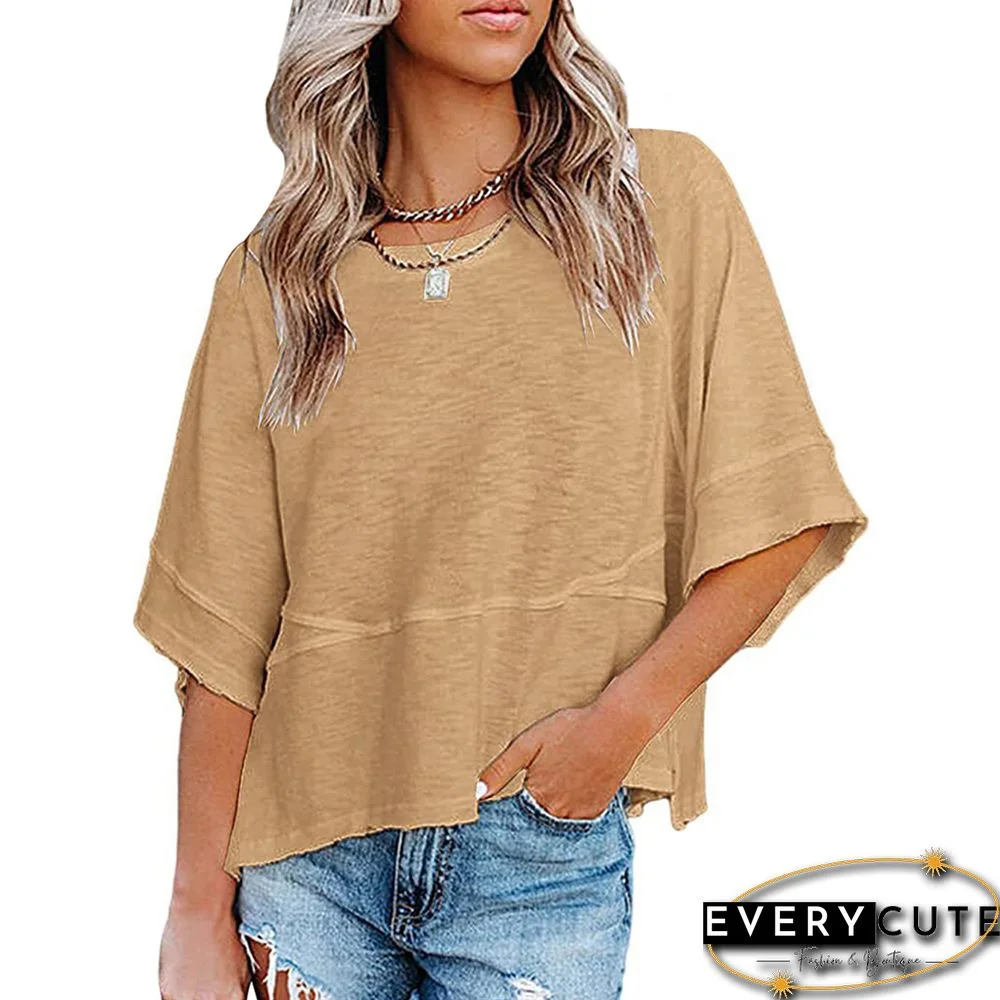Khaki Round Neck Flared Sleeves T-shirt
