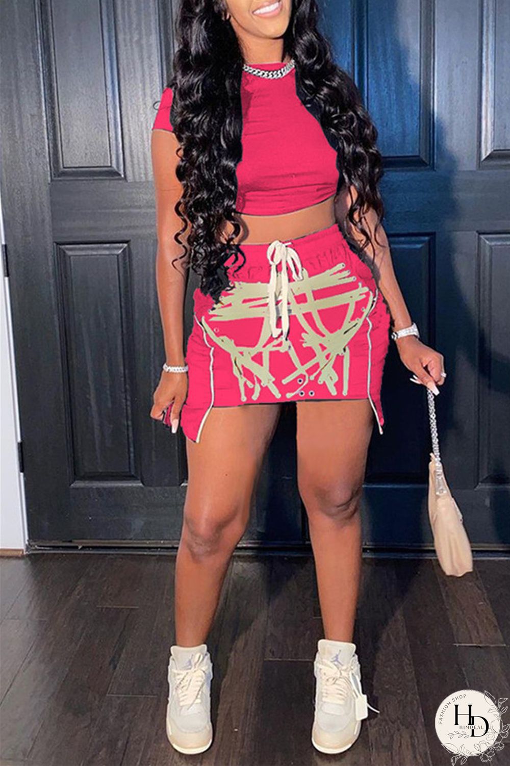 Red Fashion Sexy Print Asymmetrical O Neck Short Sleeve Two Pieces