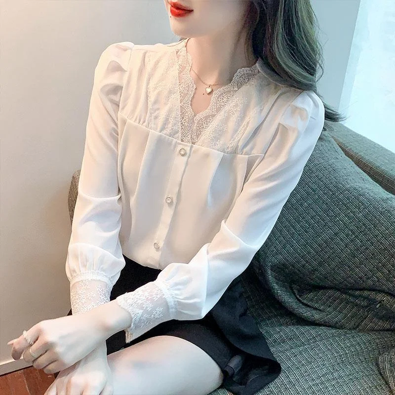 Jangj New Spring Summer Lace V-neck White Shirt Korean Style Elegant Professional Office Lady Blouse Long Sleeve Shirt for Female