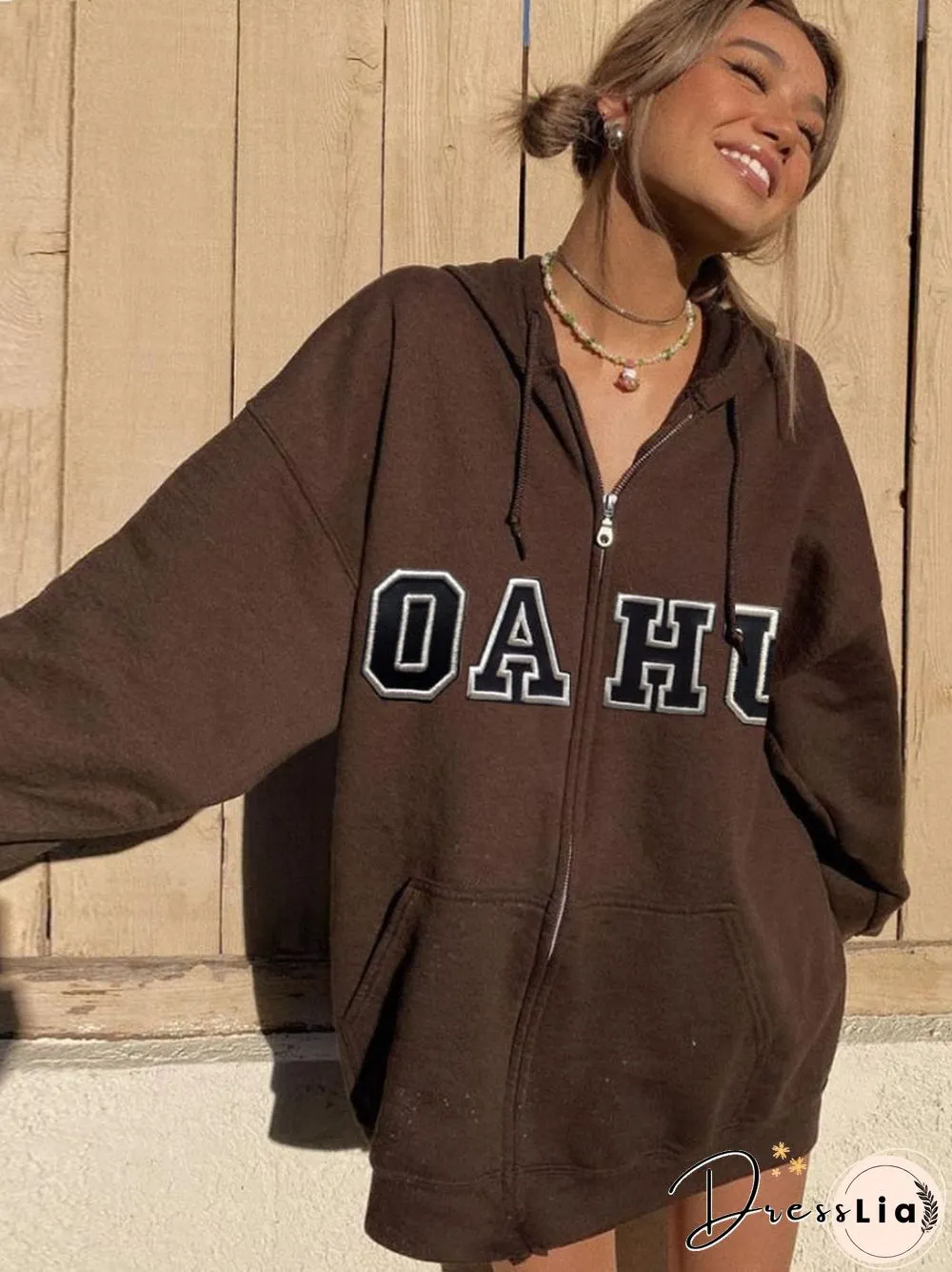 Vintage Brown Zip Sweatshirts Women Y2K Streetwear Letter Print Oversized Hoodie Pockets