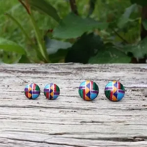 pornhint Pornhint Multi Inlay Button/Dot Stud Earrings (Zuni Fetish style), with Sterling silver posts (Available in 2 sizes)