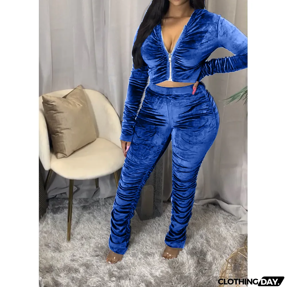 Velvet Pleated Zipper Hooded Jacket Skinny Pants Suit