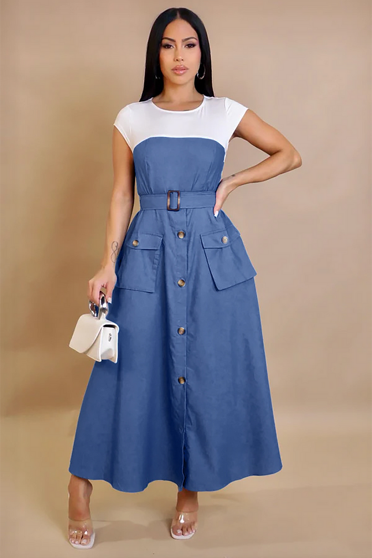 Denim Patchwork Belted Pocket Colorblock Casual Maxi Dresses-Blue