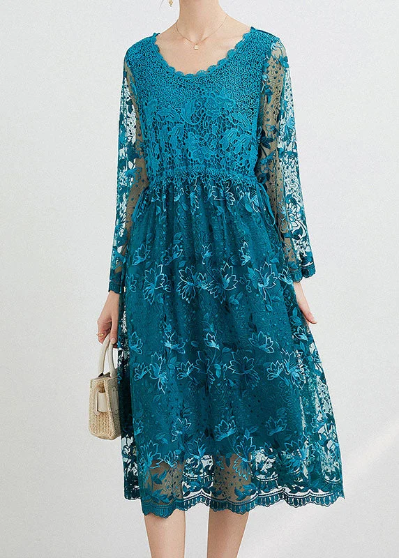 Women Blue O Neck Embroideried Patchwork Long Dresses Spring