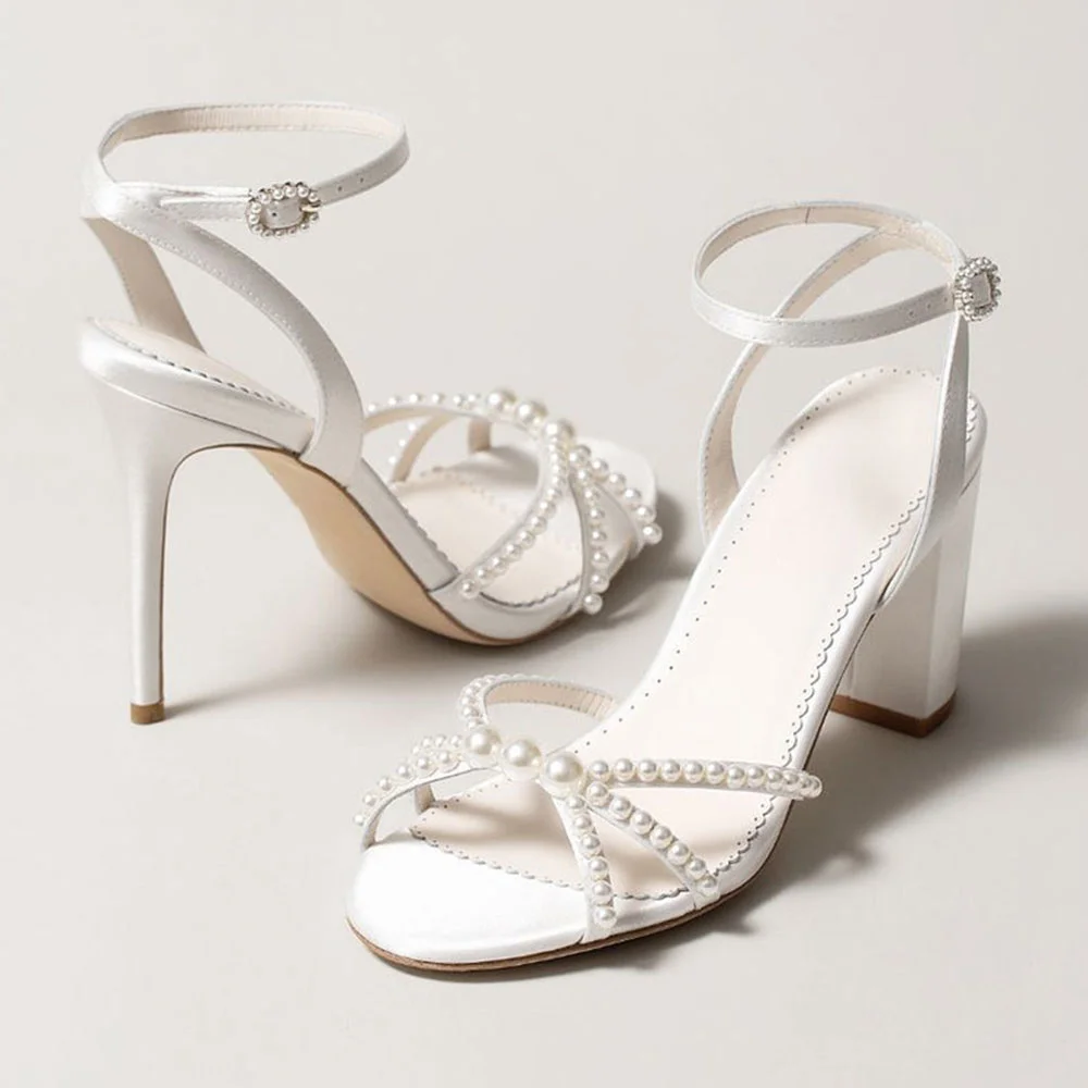 YDN White Satin Open Toe Ankle Strap Chunky Heel Pearl Sandals