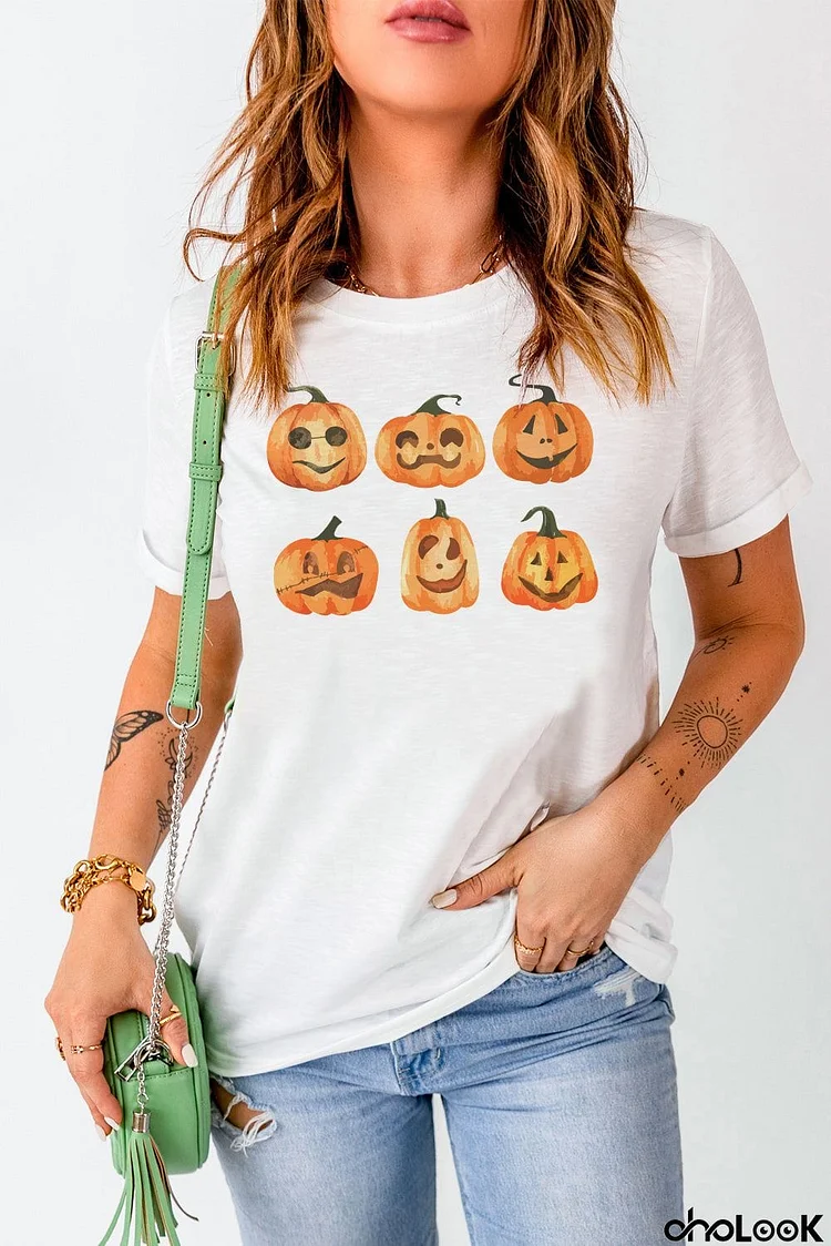 Halloween Funny Pumpkin Graphic Print Short Sleeve T Shirt