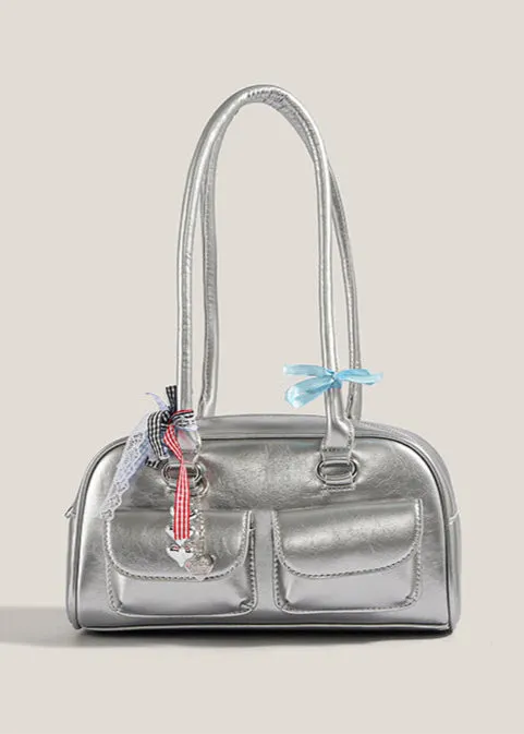 Violetta &ndash; Patent Shoulder Bag with Double Pocket & Ribbon Charms