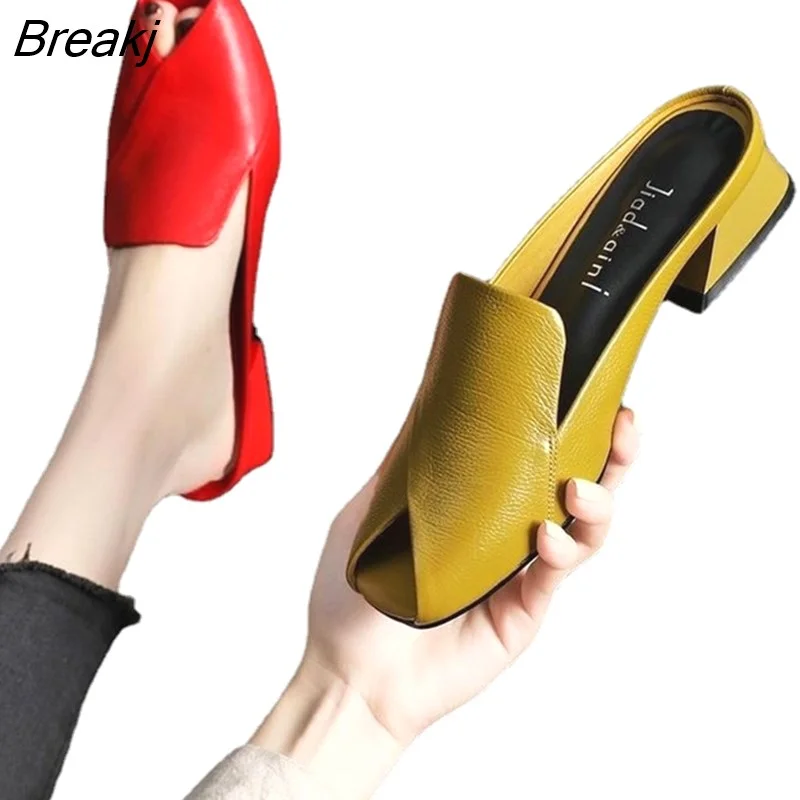 Breakj Women Slippers 2022 New Summer Fashion Peep-toe Sexy Shoes Med Heels Chunky Designer Slides PU Leather Sandals Party Flip Flops