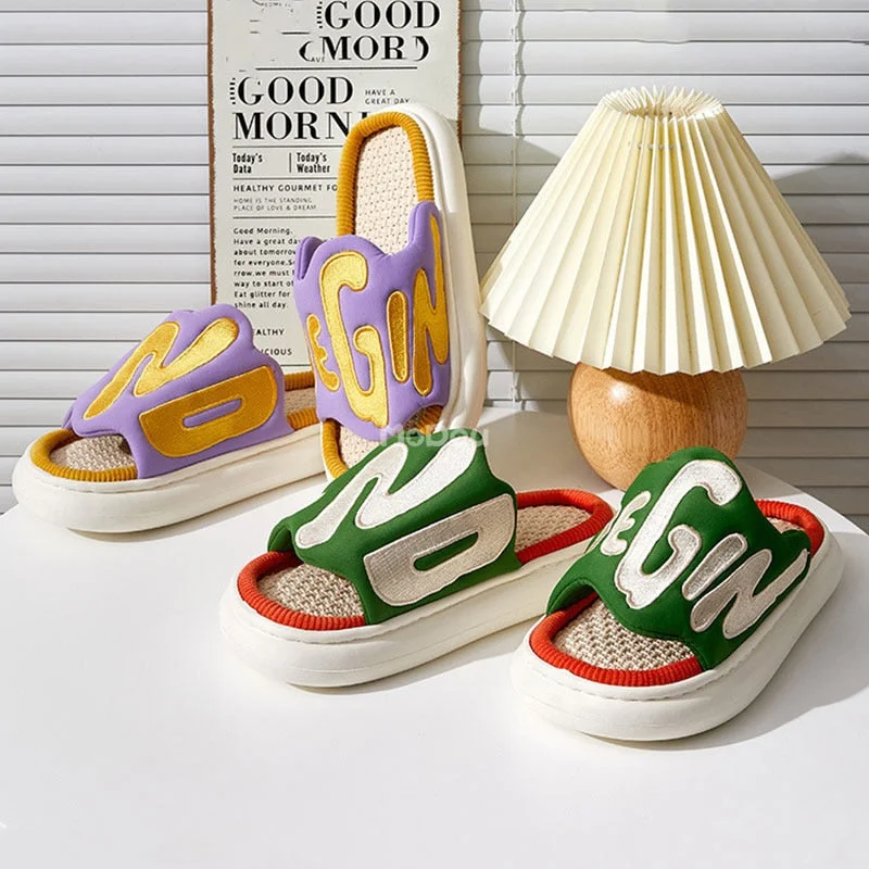 Mo Dou 2022 New Four Season Linen Slippers Women Men Unisex Open Toe Letter Embroidery Vamp Cool Outdoor Soft Hemp Cotton Shoes