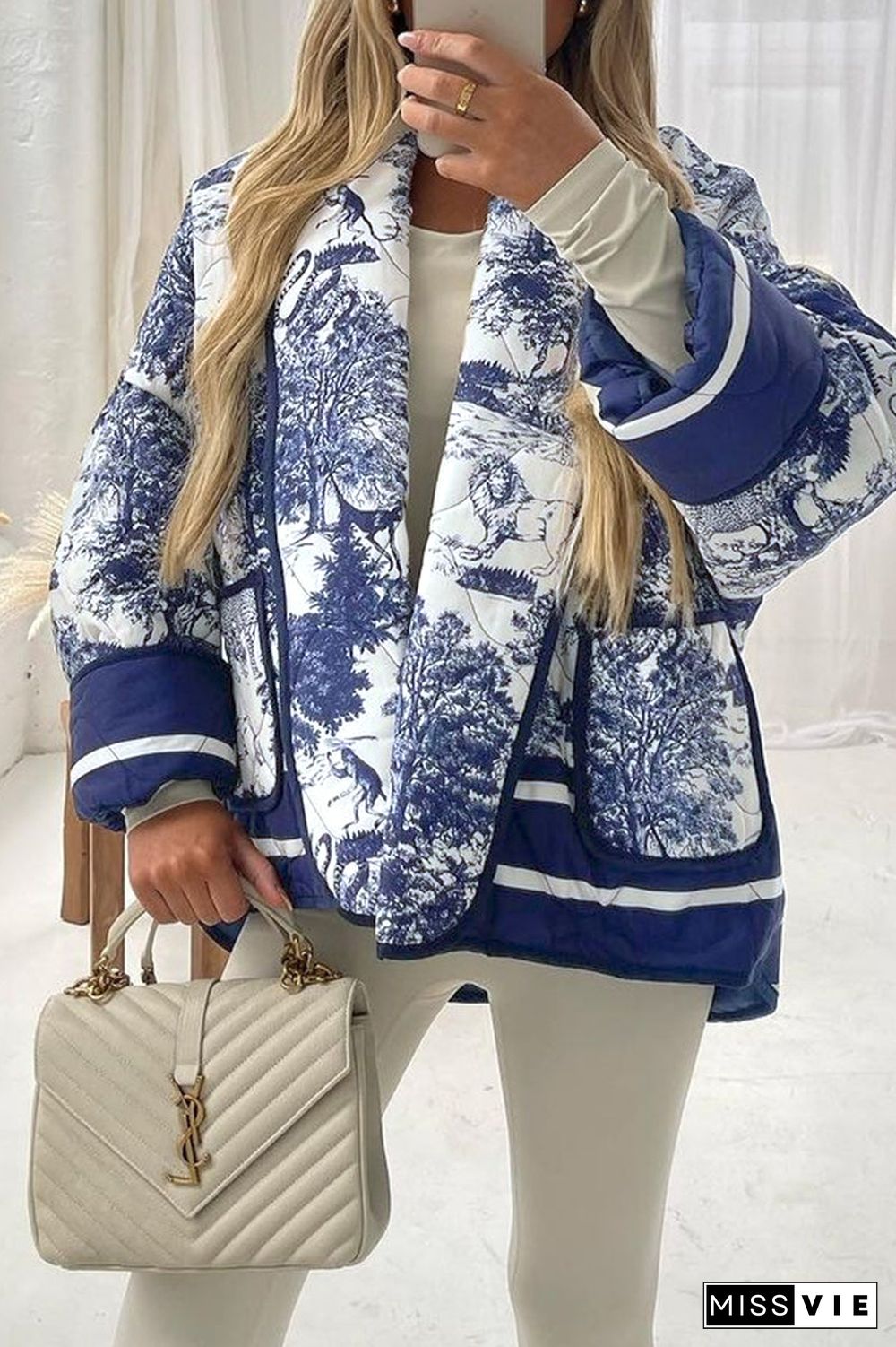 Street Print Pocket Turndown Collar Outerwear