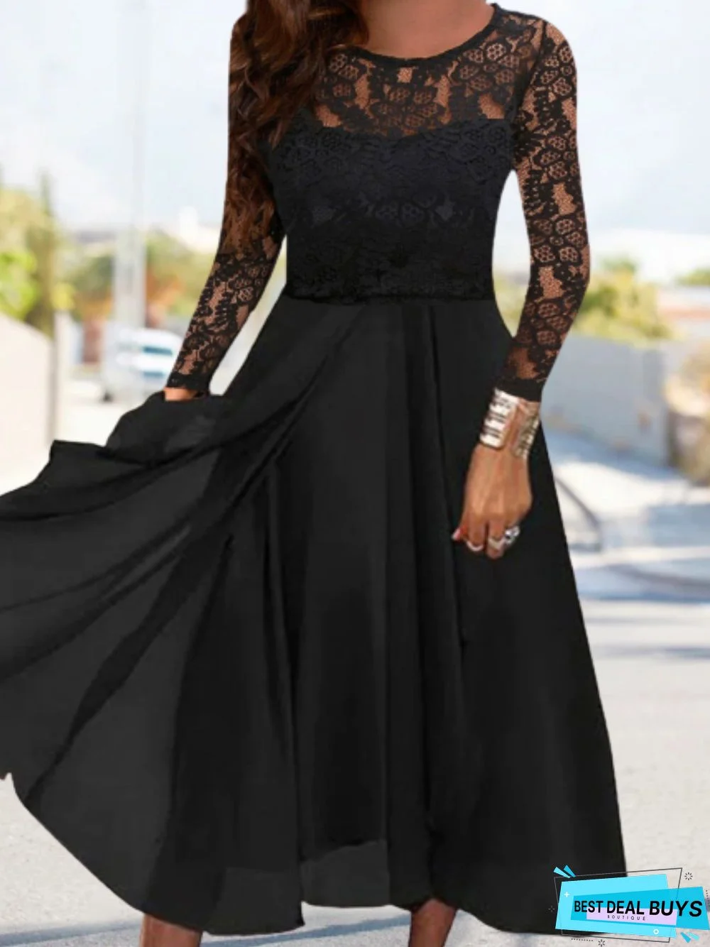 Plain Lace Long Sleeve Crew Neck Party Dress