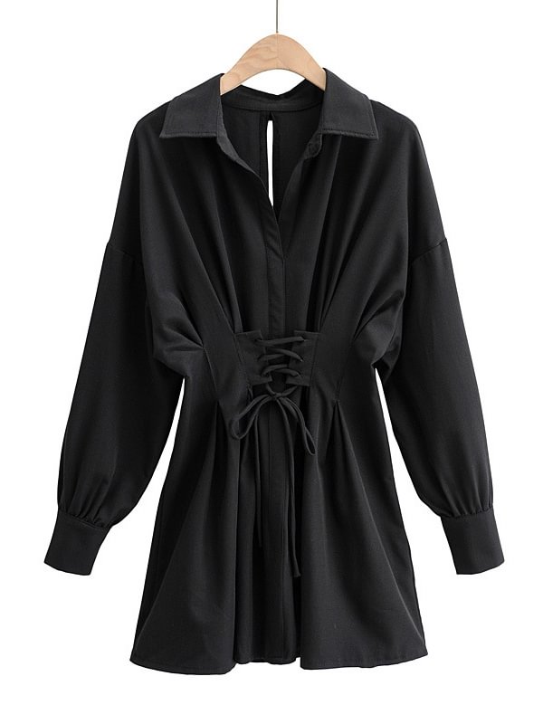 Original Stylish 3 Colors Tied Buttoned Lapel Collar Long Sleeves Shirt Dress
