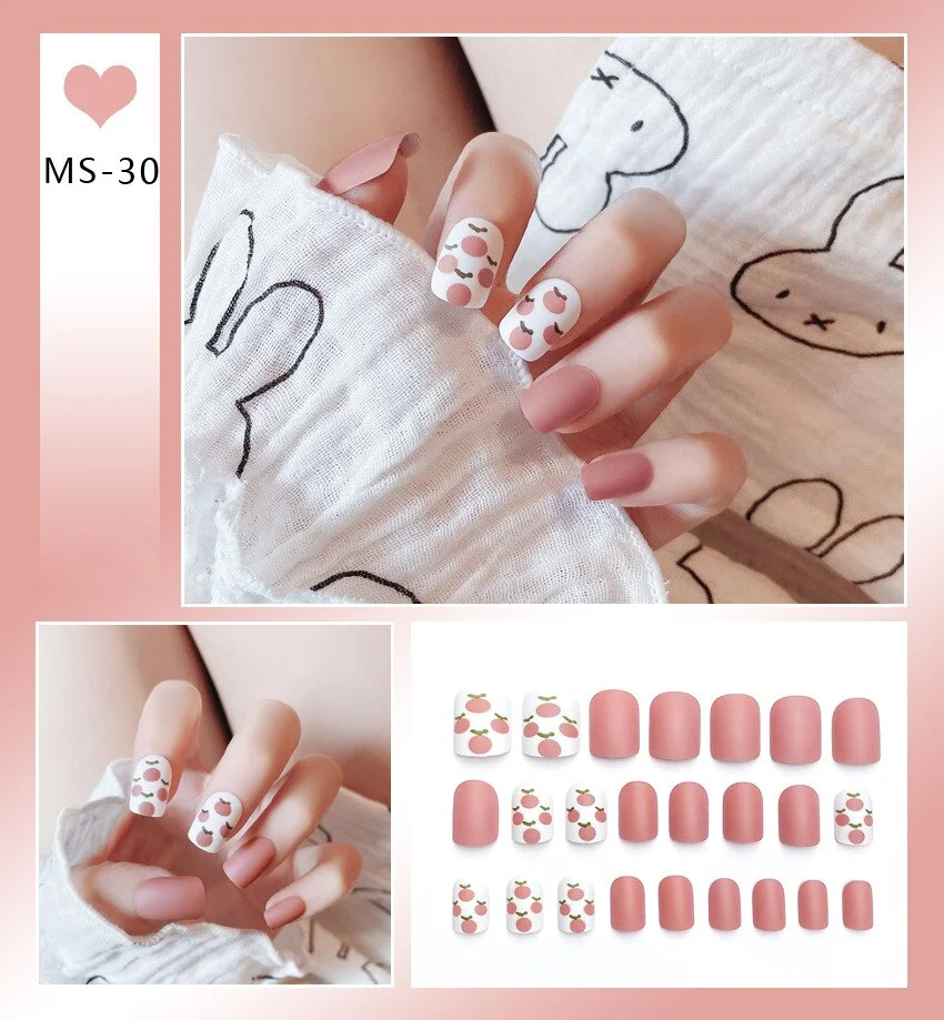 24pcs Matte False Nail Press On Nail With Glue Round Graffiti Fake Nail Manicure Nail Art Decoration  Nail Art Tools-Nail Inspo