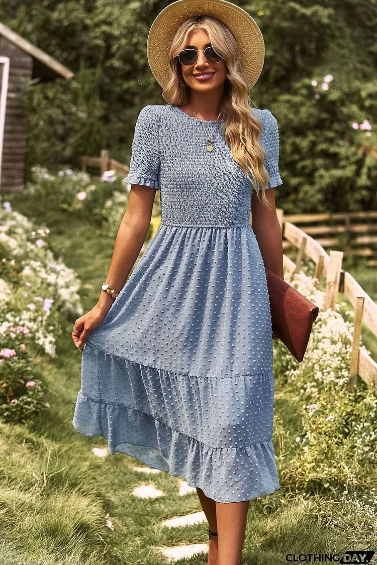 Swiss Dot Smocked Round Neck Short Sleeve Midi Dress