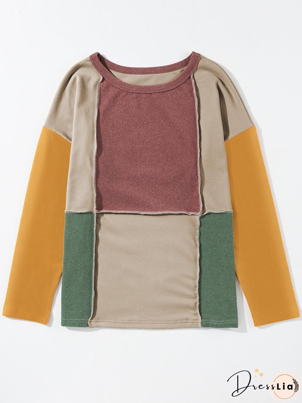Light Beige French Seam Detail Colorblock Knit Top with Long Sleeves
