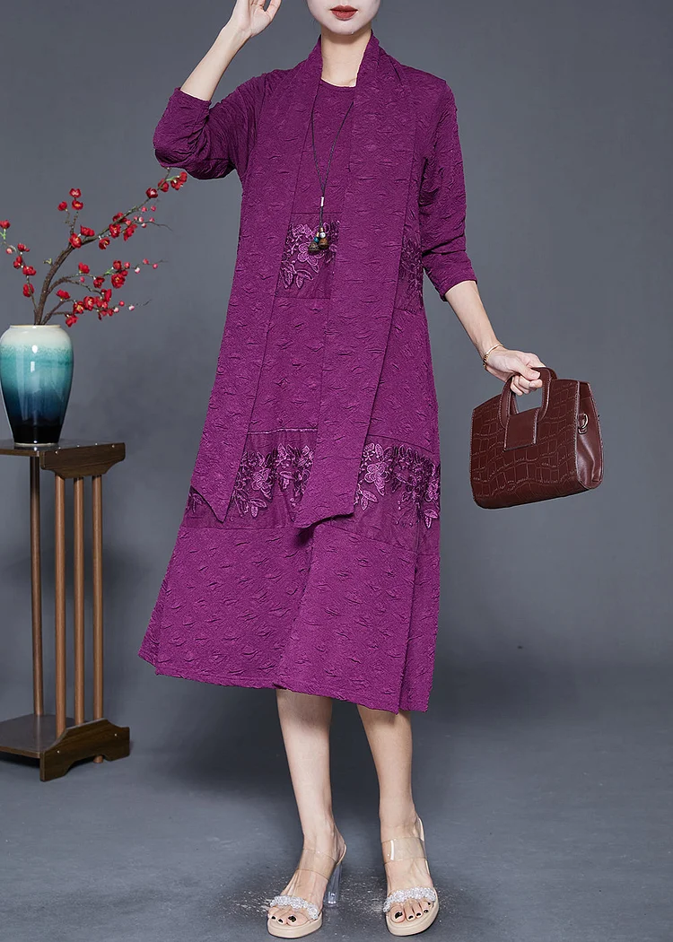 Elegant Purple Embroideried Patchwork Scarf Long Dress Fall