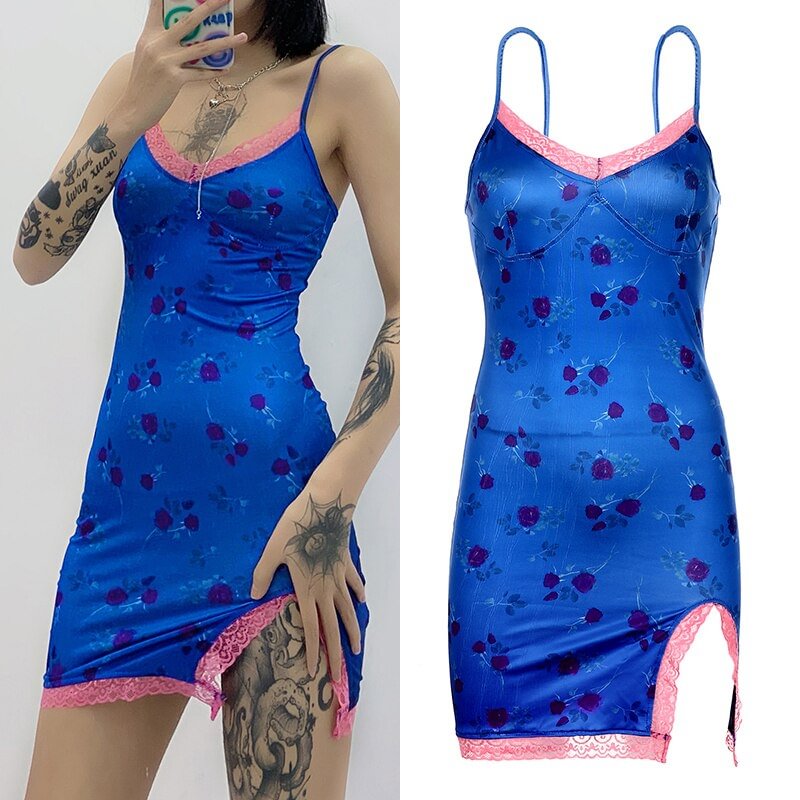 IAMSURE Streetwear Fashion Lace Edge Sexy V-Neck Split Bodycon Dress For Women Flower Print Aesthetic Female Mini Dresses Sexy