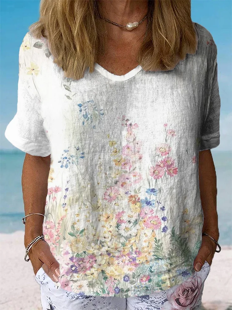 Women's Vintage Botanical Floral Print Casual Cotton And Linen Shirt