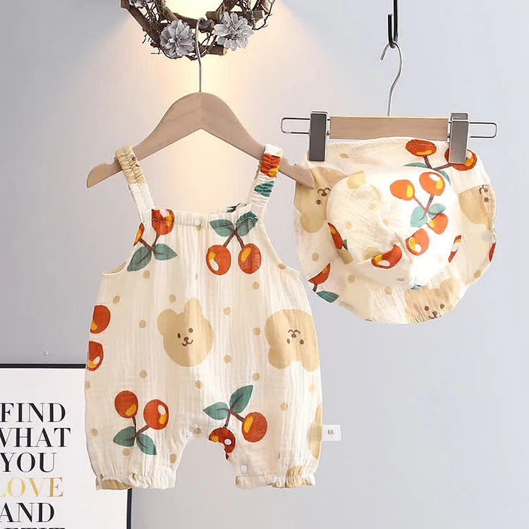 Baby Cherry Bear Strap Romper with Hat