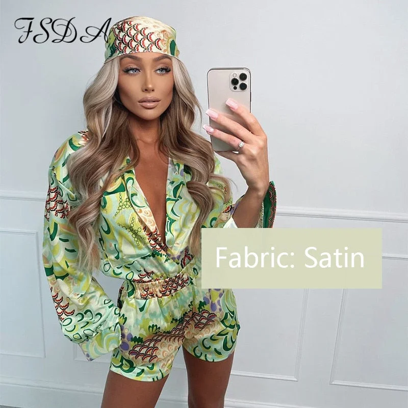 FSDA 2021 Summer Print Long Sleeve Blouses Top Shirts Women And Mini Shorts Set Casual Three Piece Sets Party Sexy Outfits