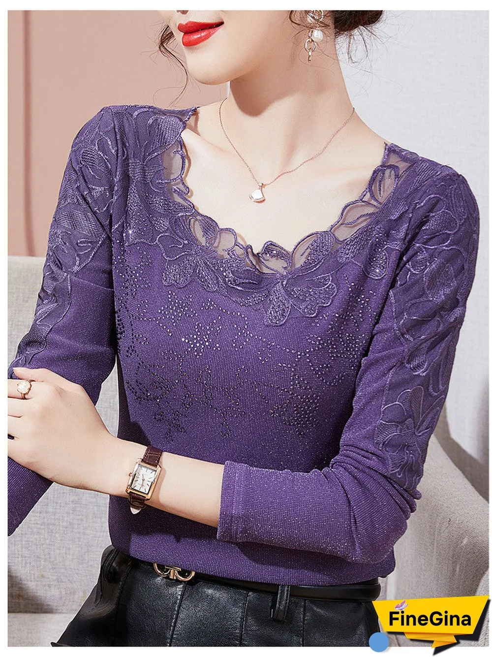 Women's Long Sleeve Scoop Neck Lace Floral Printed Top