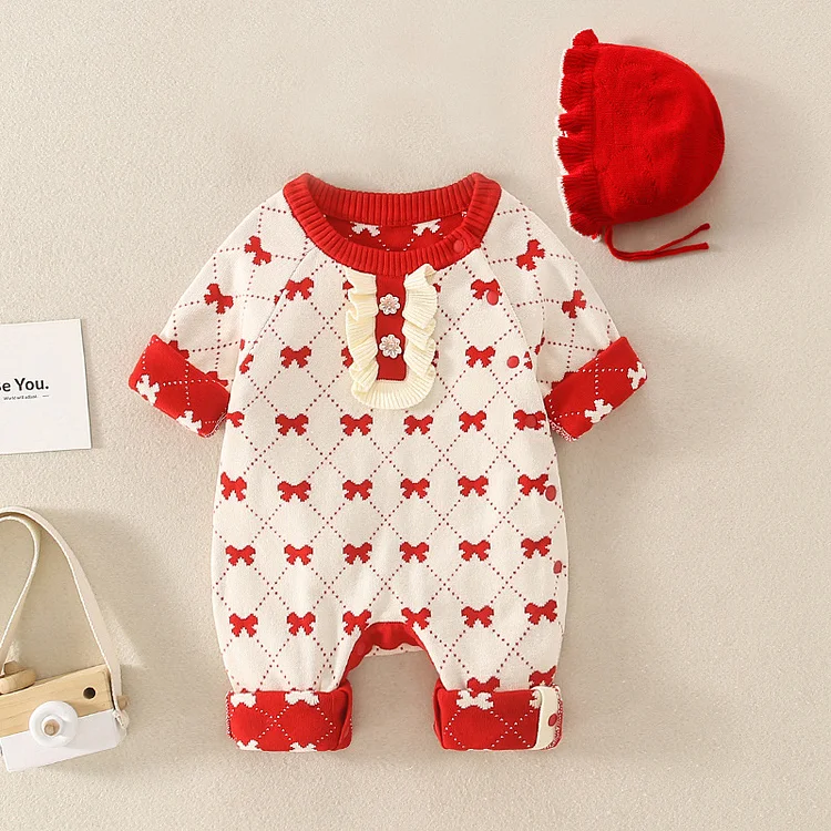 Baby Girl Allover Bowknot Print Long Sleeve Knitted Romper with Hat
