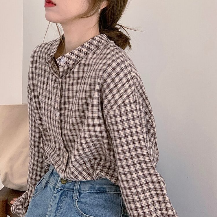 Spring Fall Vintage Plaid Shirts Women Korean Fashion Round Neck Long Sleeve Blouses Female Caual Button Up Tops Mujer New