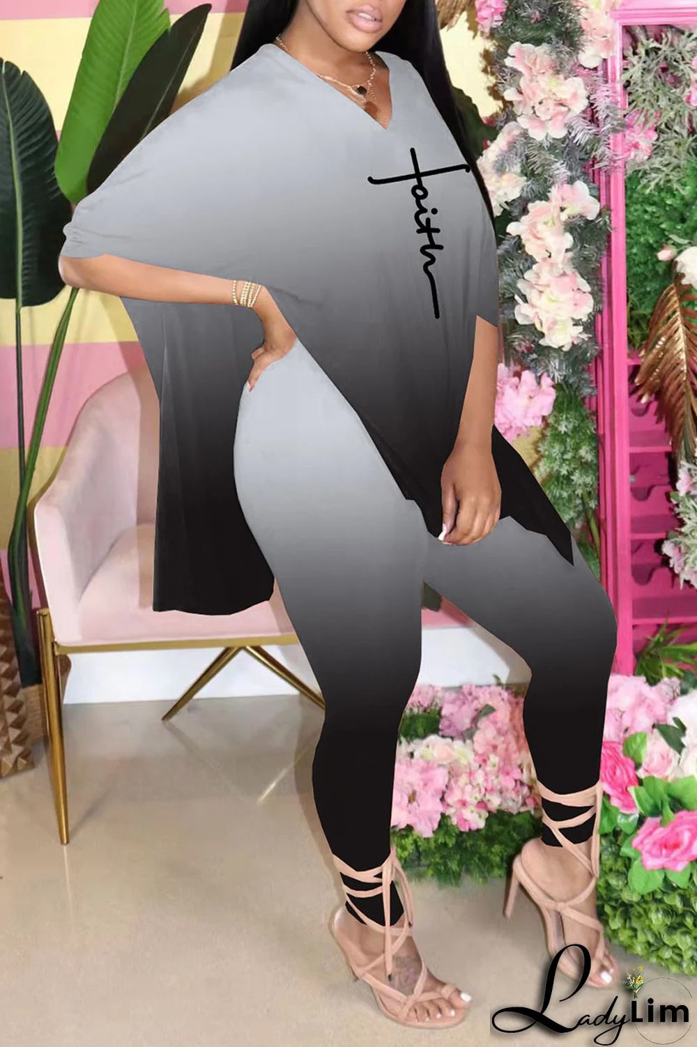 Black Casual Gradual Change Print Patchwork Slit V Neck Half Sleeve Two Pieces