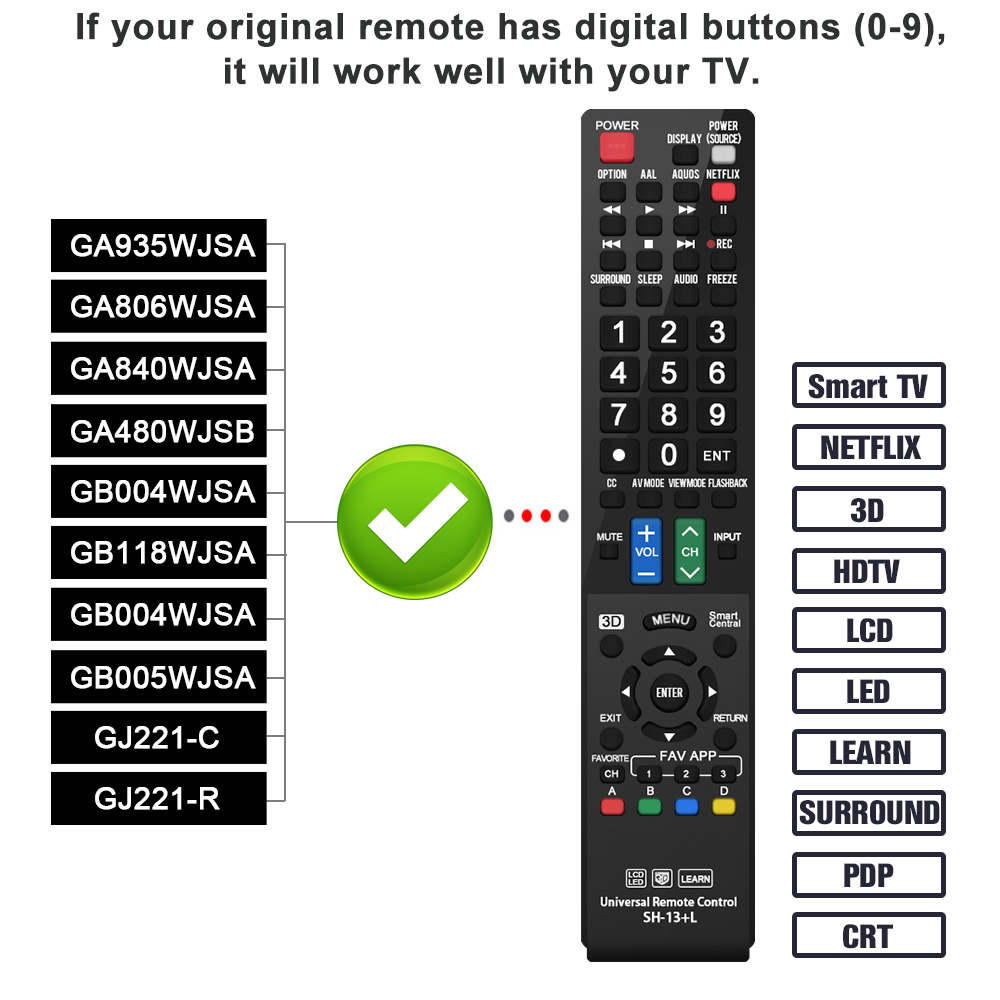  Sharp GB004WJSA Universal Remote Control for All Sharp BRAND  TV, Smart TV - 1 Year Warranty : Electronics