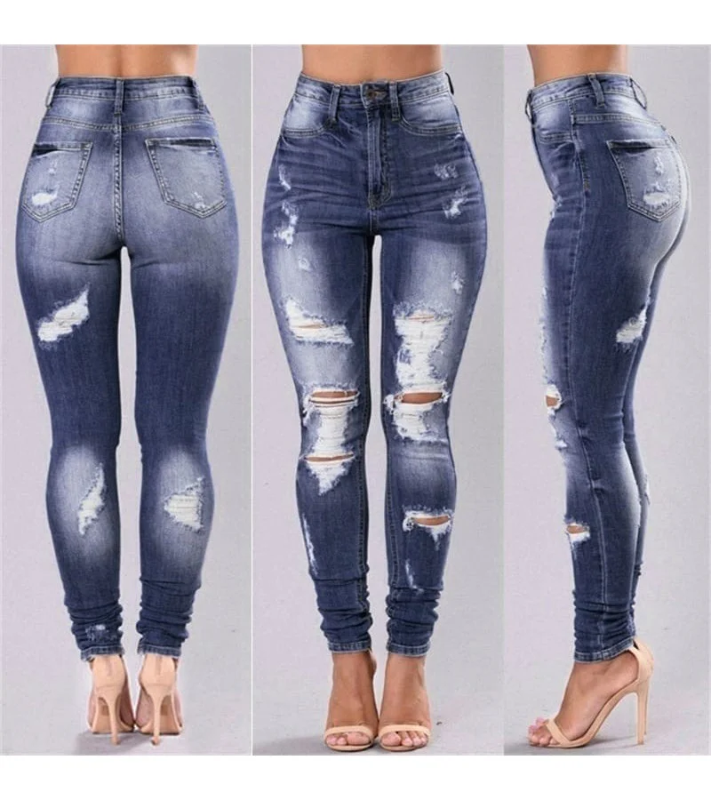 Women Fashion High Waisted Ripped Jeans S-3XL