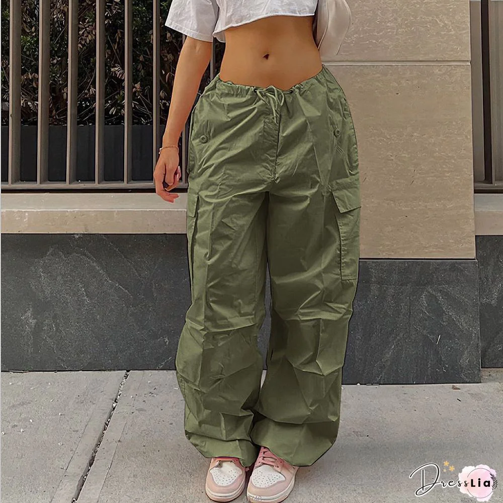 Pink Blue Patchwork Pockets High Waisted Fashion Long Pants