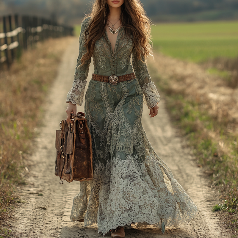 Women's Western Cowboy Vintage Lace Maxi Dress With V-neckline