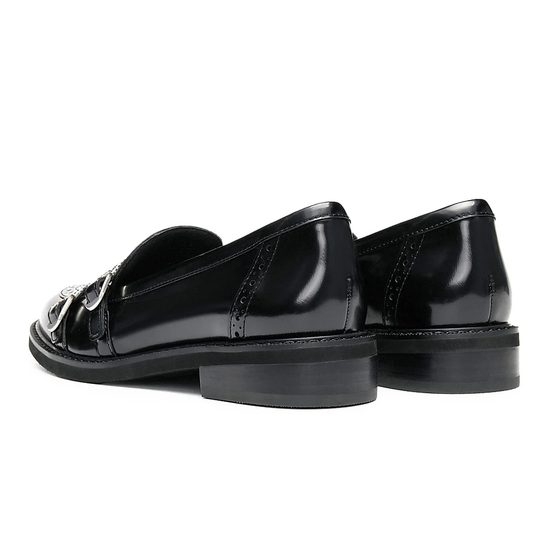 Patent Leather Round Toe Buckle Decor Loafer Heels in Black