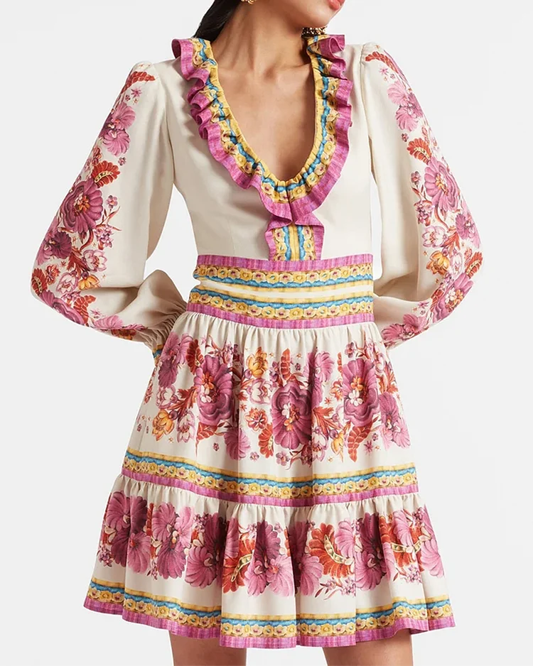 Women's Fashionable Loose Long Sleeve Printed Mini Dress