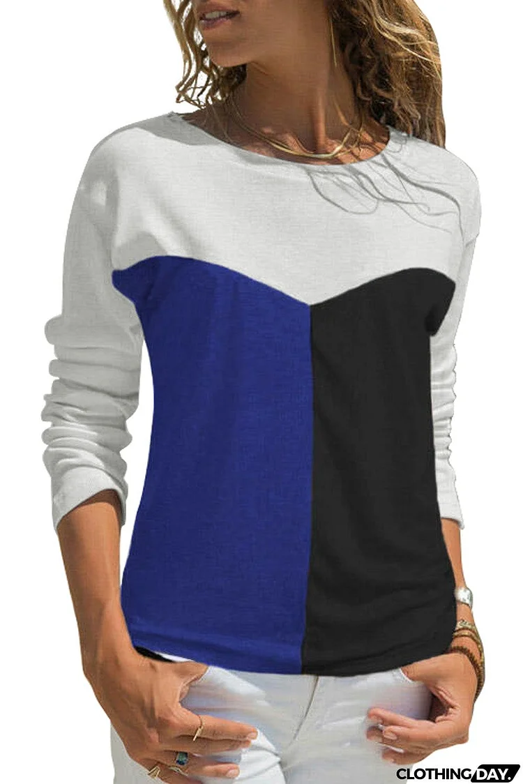 Color Block Splicing O-Neck Blouse