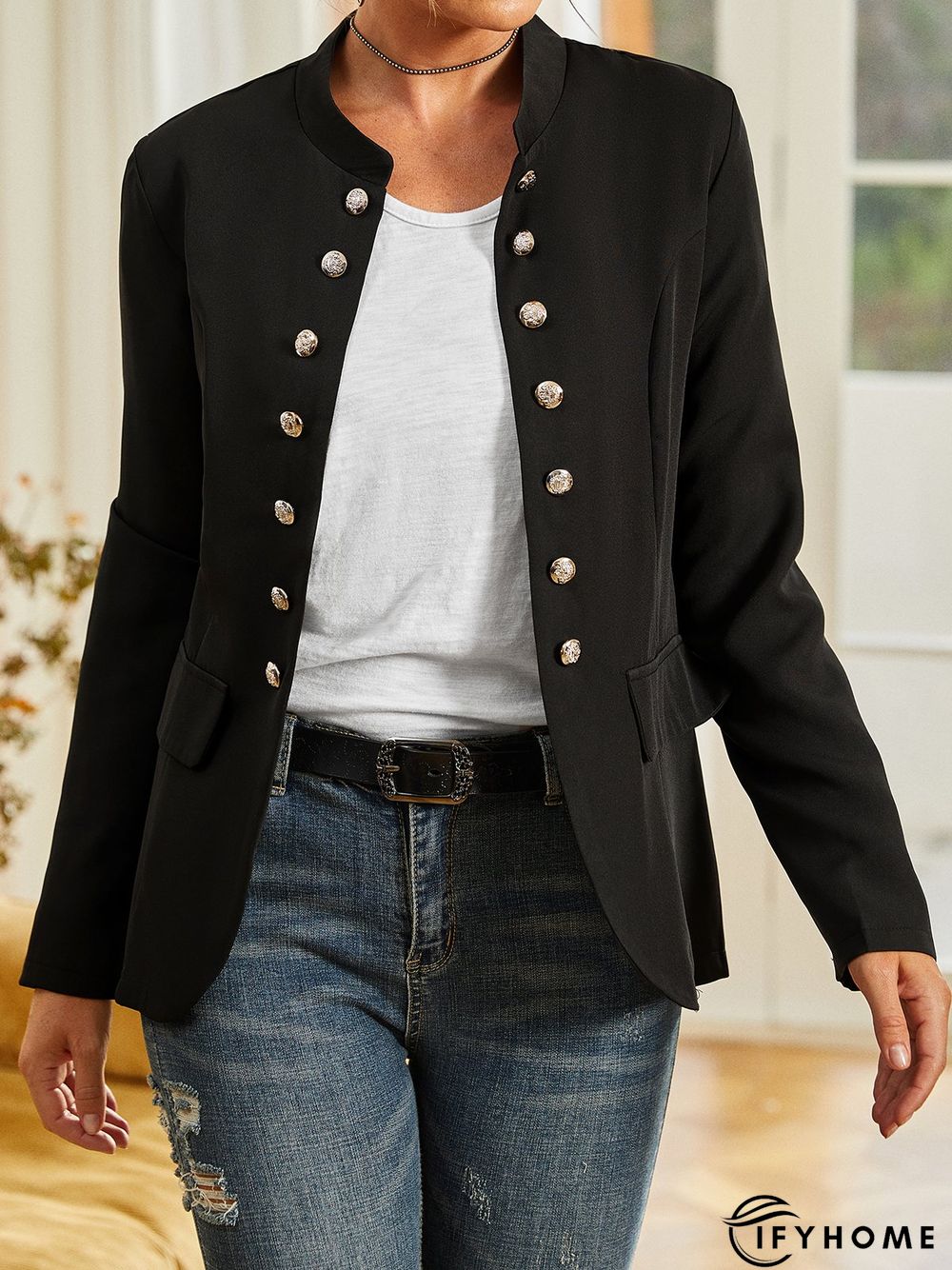 Black Long Sleeve Shift Buttoned Solid Jacket | IFYHOME