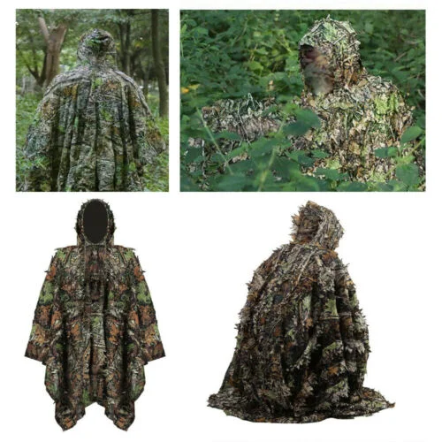 GUGULUZA 3D Leaf Camo Sneaky Hooded Ghillie Poncho Suit Ghillie Clothes Hunting