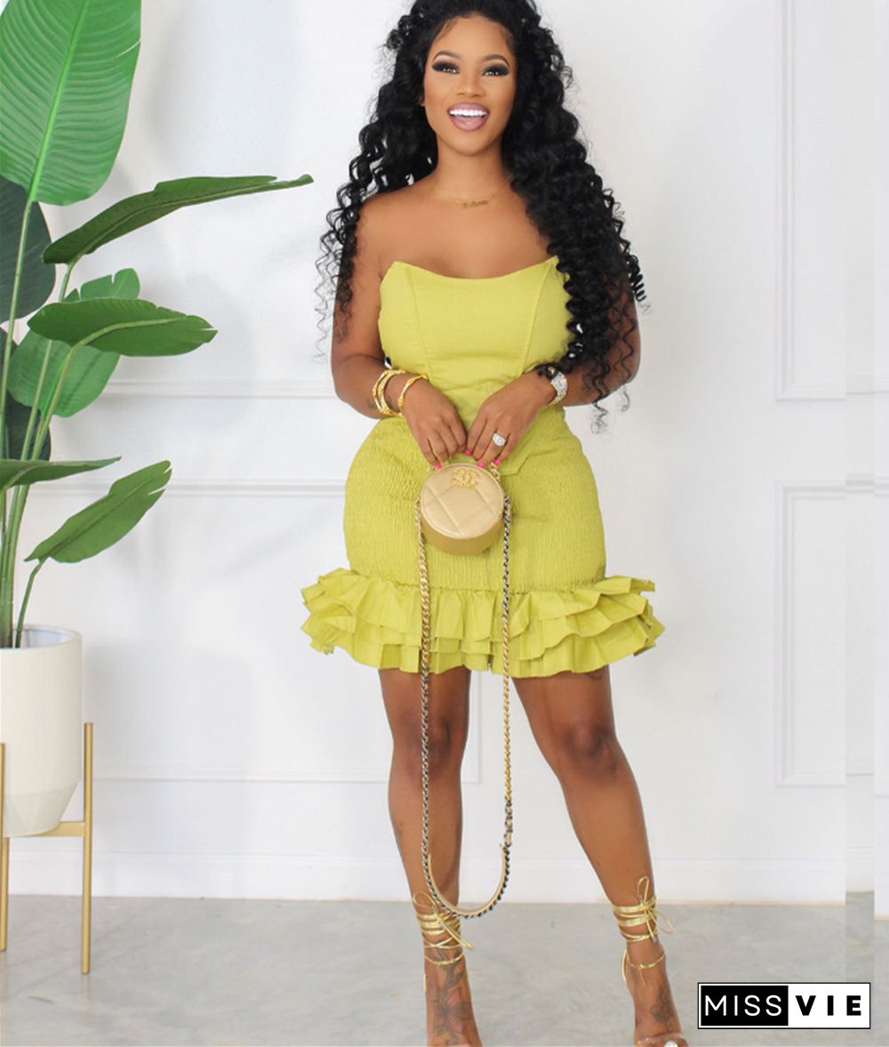 Strapless Corset Crop Tops Ruffle Hem Skirts Set