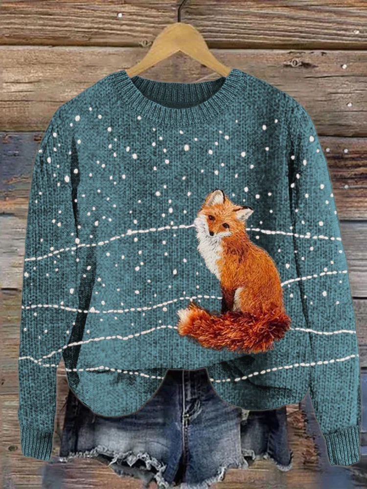 Fuzzy Fox in the Snow Embroidery Cozy Knit Sweater