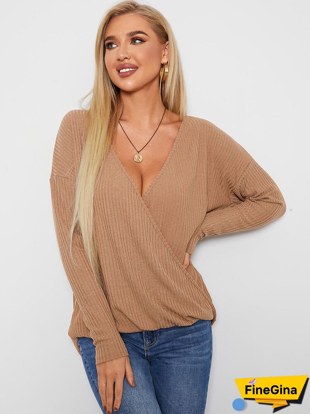 Solid Ribbed Cross Wrap V-neck Long Sleeve Loose Casual T-shirt