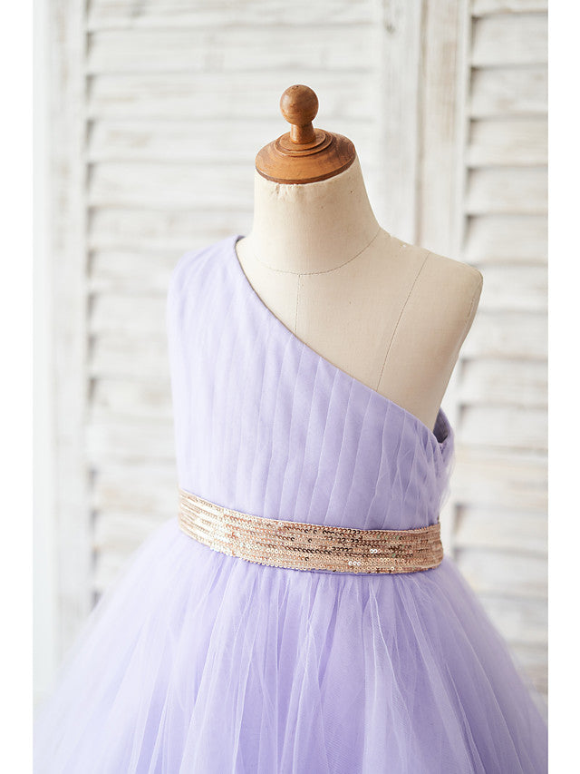 Daisda Sleeveless One Shoulder Ball Gown Asymmetrical Flower Girl Dress Tulle With Belt