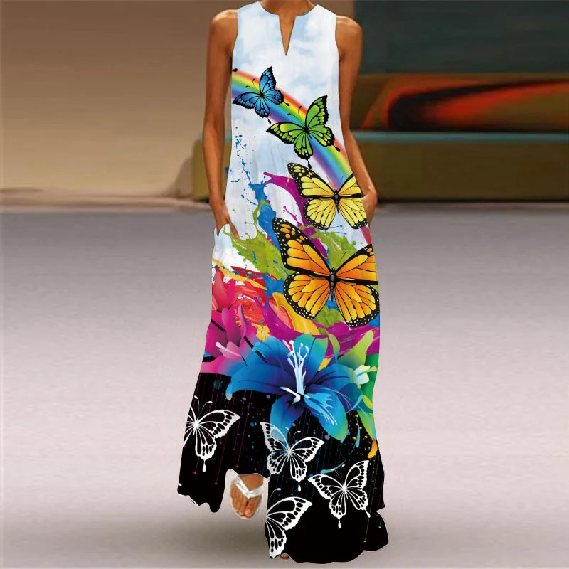 Brownm Summer Women's Fashion Sexy Digital Printed V-neck Sleeveless Pocket Dress