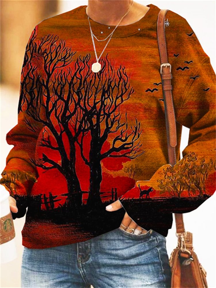 Halloween Forest Black Cat Print Comfy Sweatshirt