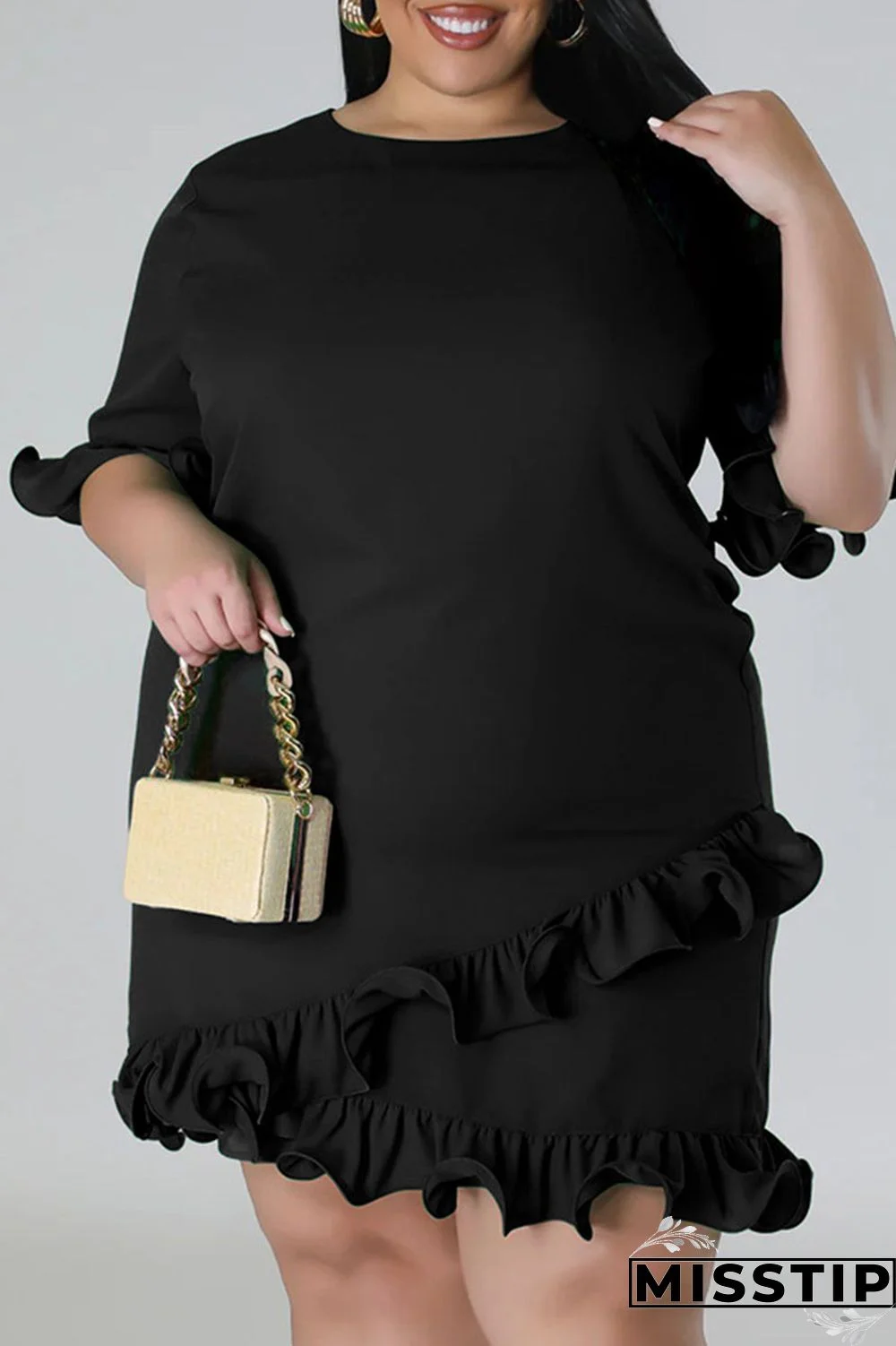 Green Casual Solid Patchwork Asymmetrical Stringy Selvedge O Neck Straight Plus Size Dresses