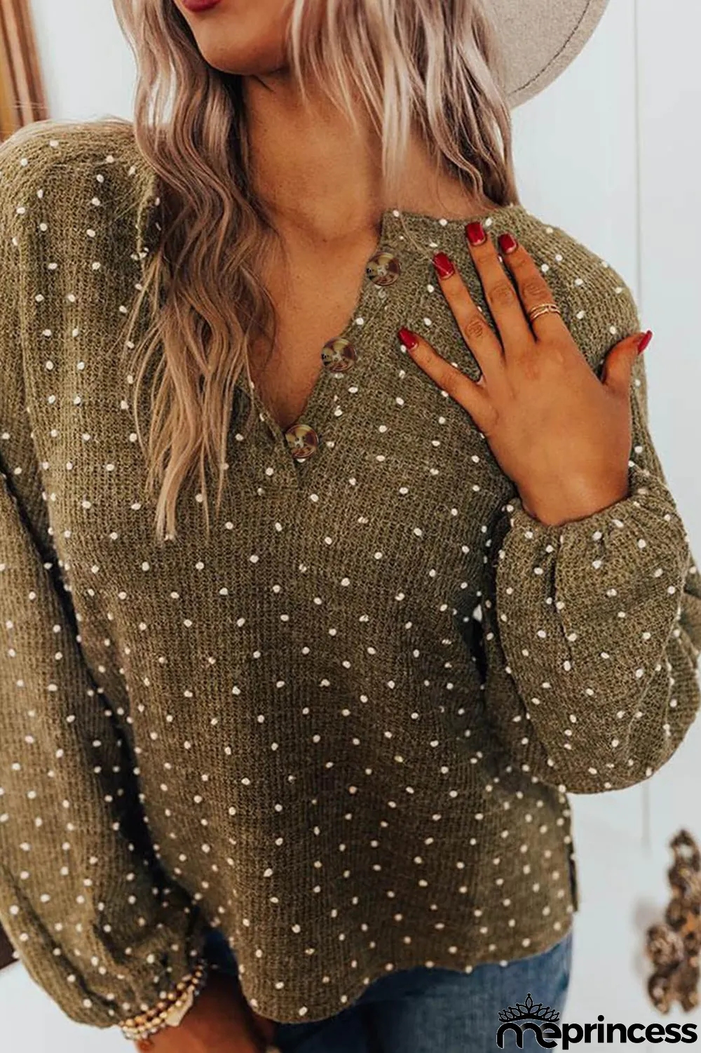 Green Swiss Dot Raglan Sleeves Knit Top